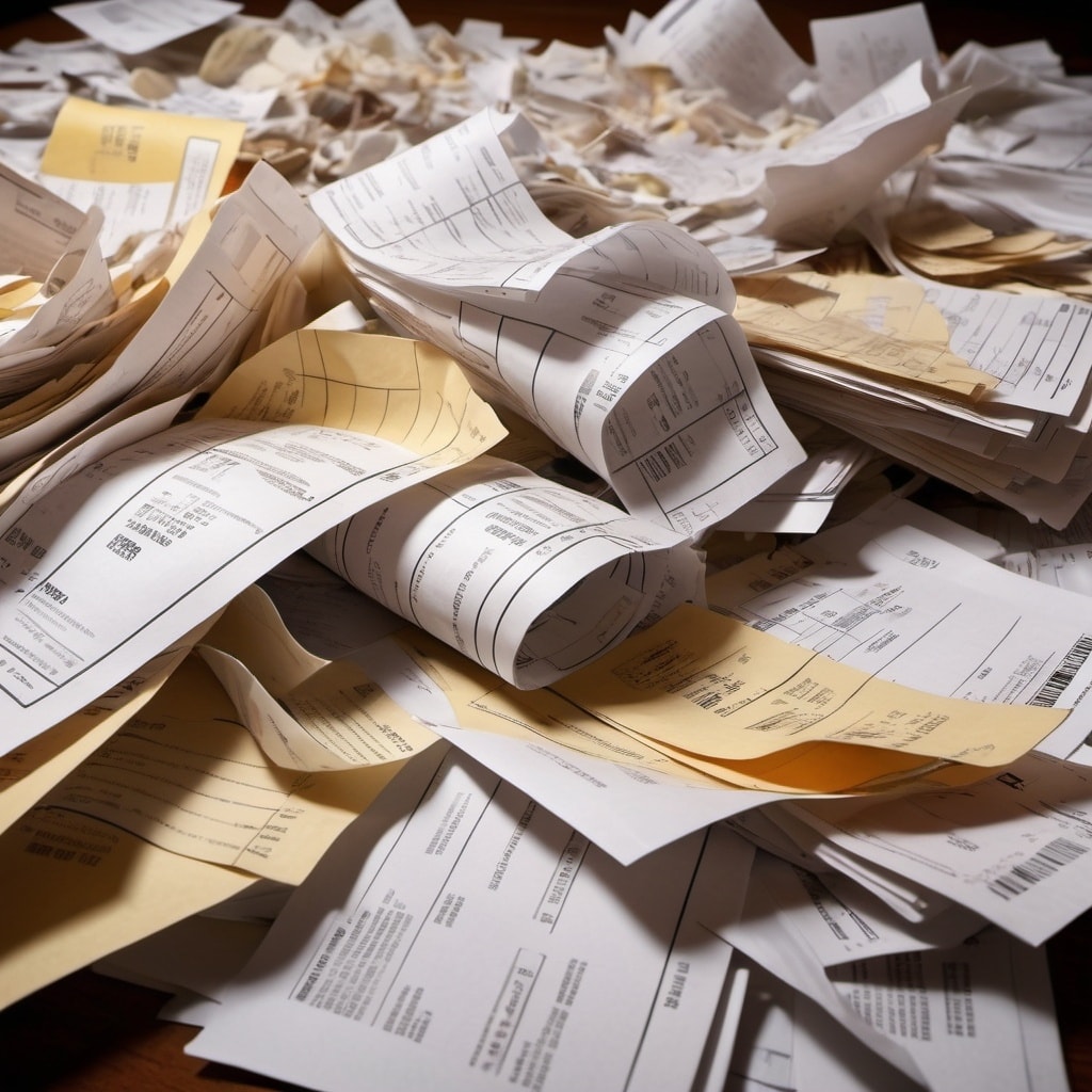Chaotic pile of paperwork and receipts representing disorganised bookkeeping